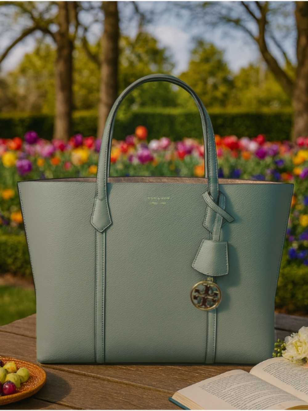 NEW Tory Burch Perry Blue Celadon Triple Compartment Large Leather Shopper Tote